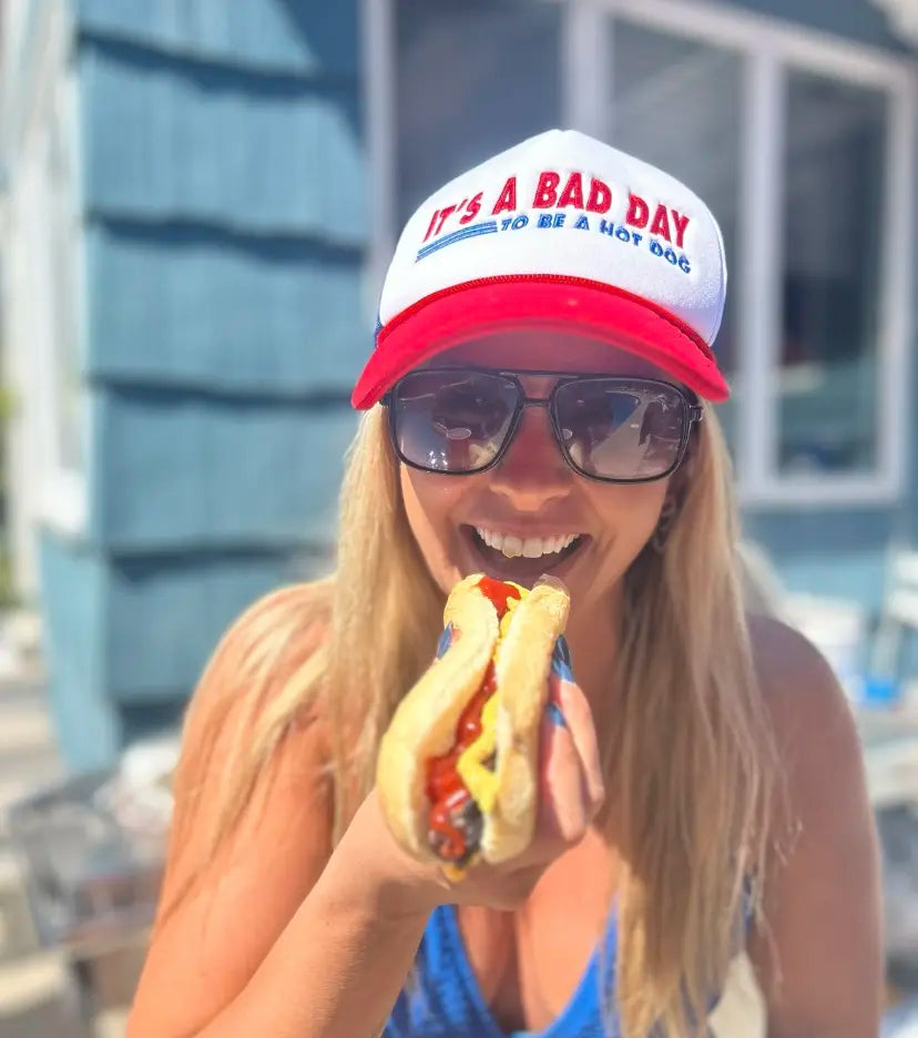 It's a Bad Day to Be a Hot Dog Embroidered Trucker Hat – Funny Meme Foam Snapback Cap, Retro Summer Statement Hat