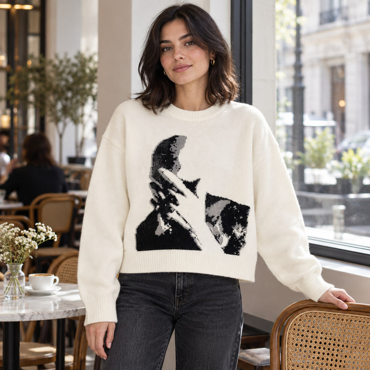 Vintage Figure Graphic Knit Sweater – Retro Art Round Neck Long Sleeve Pullover
