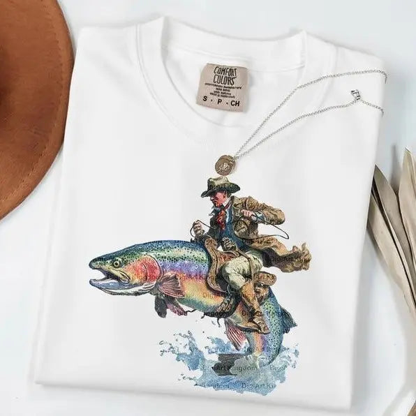Comfort Colors Vintage Cowboy Riding Trout T-shirt Western Fishing Retro Tshirt Gift For Him