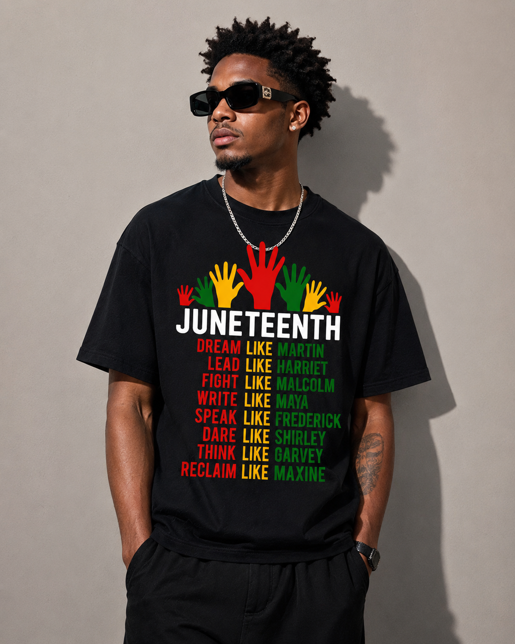 Women's & Men's Black Juneteenth T-Shirt/Sweatshirt/Hoodie - 100% Short Sleeve Crew Neck with African History Icons (Martin, Malcolm, Maya, Garvey) - Casual Juneteenth Celebration Apparel, Regular Fit Unisex Tee
