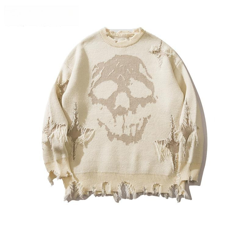 Vintage Distressed Skull Knit Sweater – Gothic Ripped Graphic Pullover, Alternative Streetwear