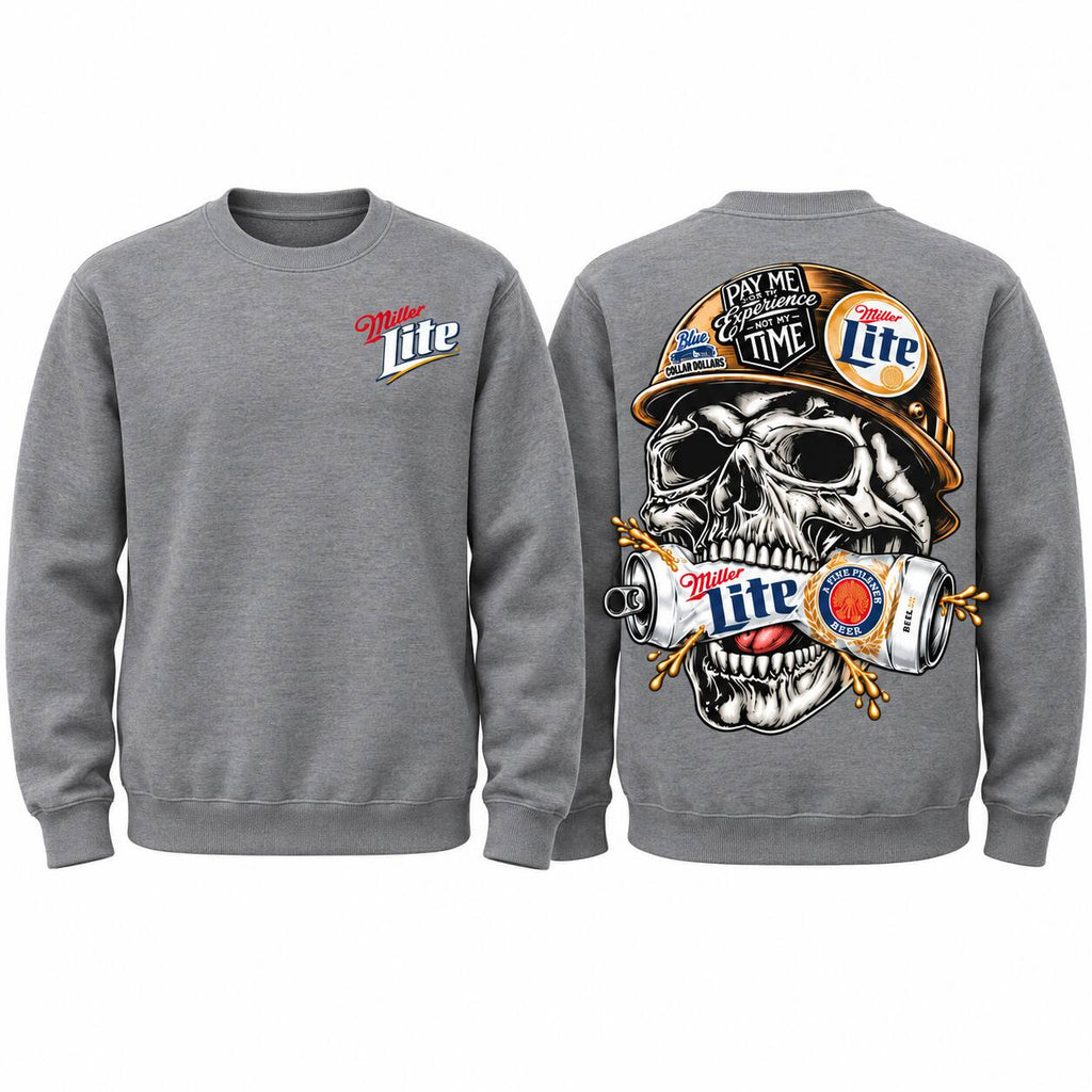 Miller Lite Skull Blue Collar Graphic T-Shirt, Sweatshirt & Hoodie – Beer Lover Workwear & Tradesman Graphic Apparel