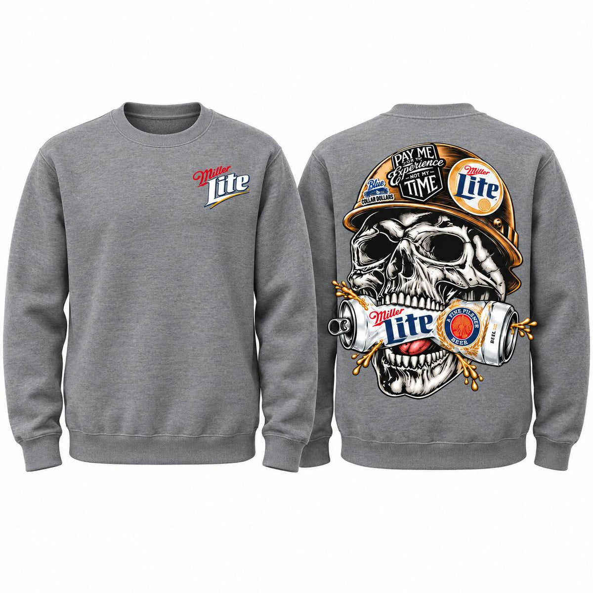 Miller Lite Skull Blue Collar Graphic T-Shirt, Sweatshirt & Hoodie – Beer Lover Workwear & Tradesman Graphic Apparel