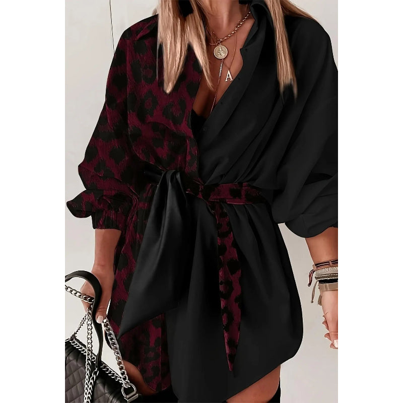 Women’s Leopard Print Color Block Longline Blouse – Tie Waist Asymmetrical Hem Collared Long Sleeve Top