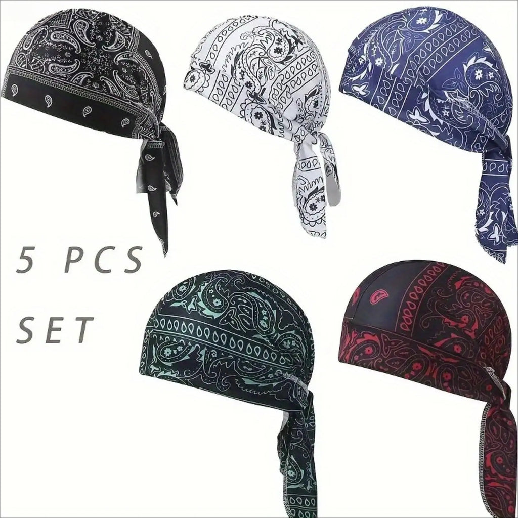 5-Pack Paisley Bandana Skull Caps – Breathable Sweat-Wicking Pirate Head Wraps, Cooling Helmet Liners for Motorcycle, Cycling & Outdoor Sports
