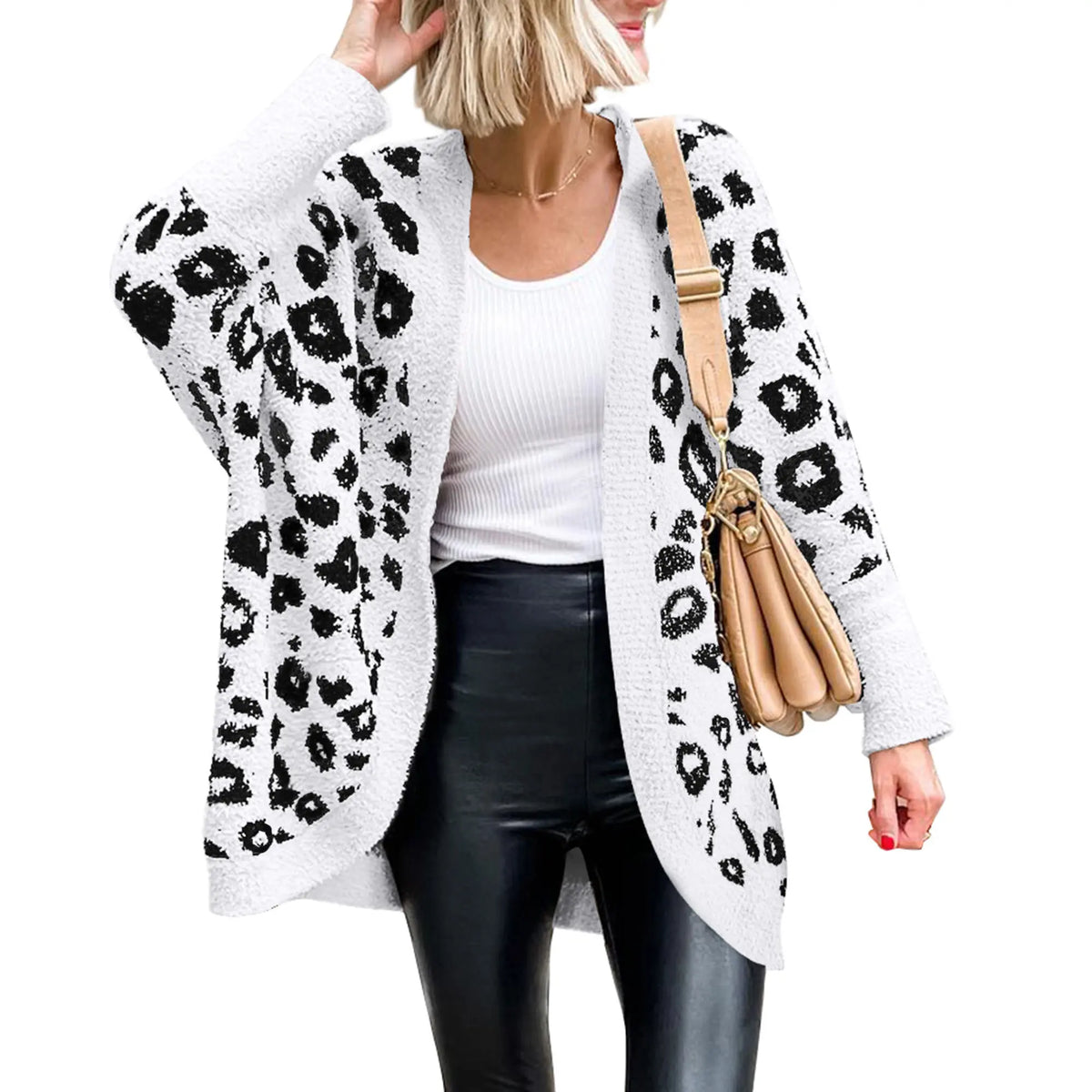 Leopard Print Fuzzy Knit Cardigan – Cozy Open Front Oversized Sweater, Casual Fall & Winter Layering