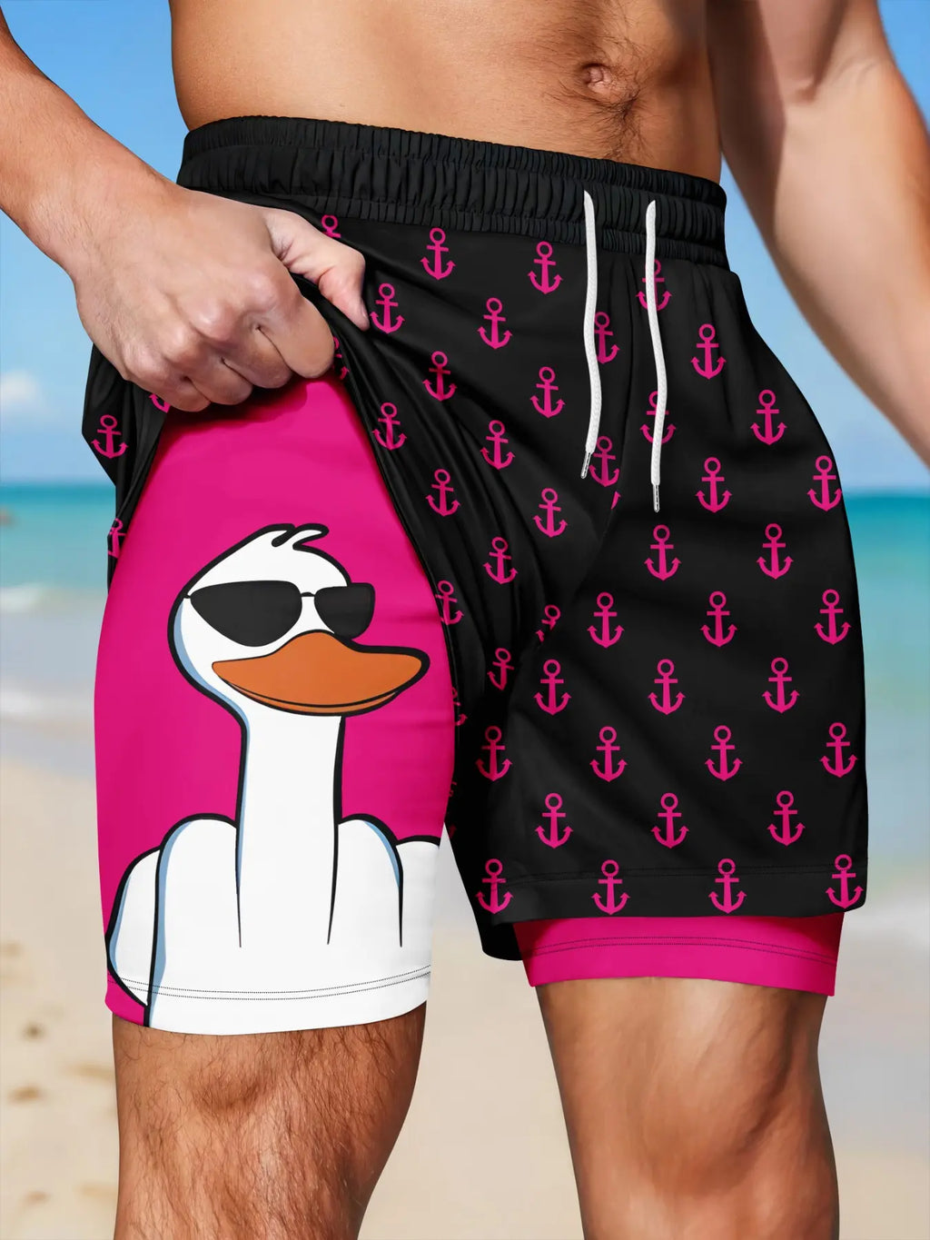 Men's 2-in-1 Funny Duck Swim Shorts – Quick Dry Beach Trunks with Anchor Print, Drawstring Waist for Summer Vacation