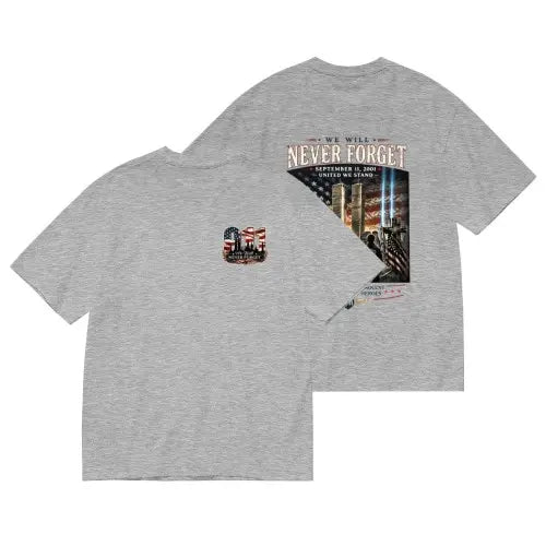 9/11 Never Forget Memorial Graphic T-Shirt, Sweatshirt & Hoodie – September 11 Twin Towers, American Flag & First Responder Tribute Print