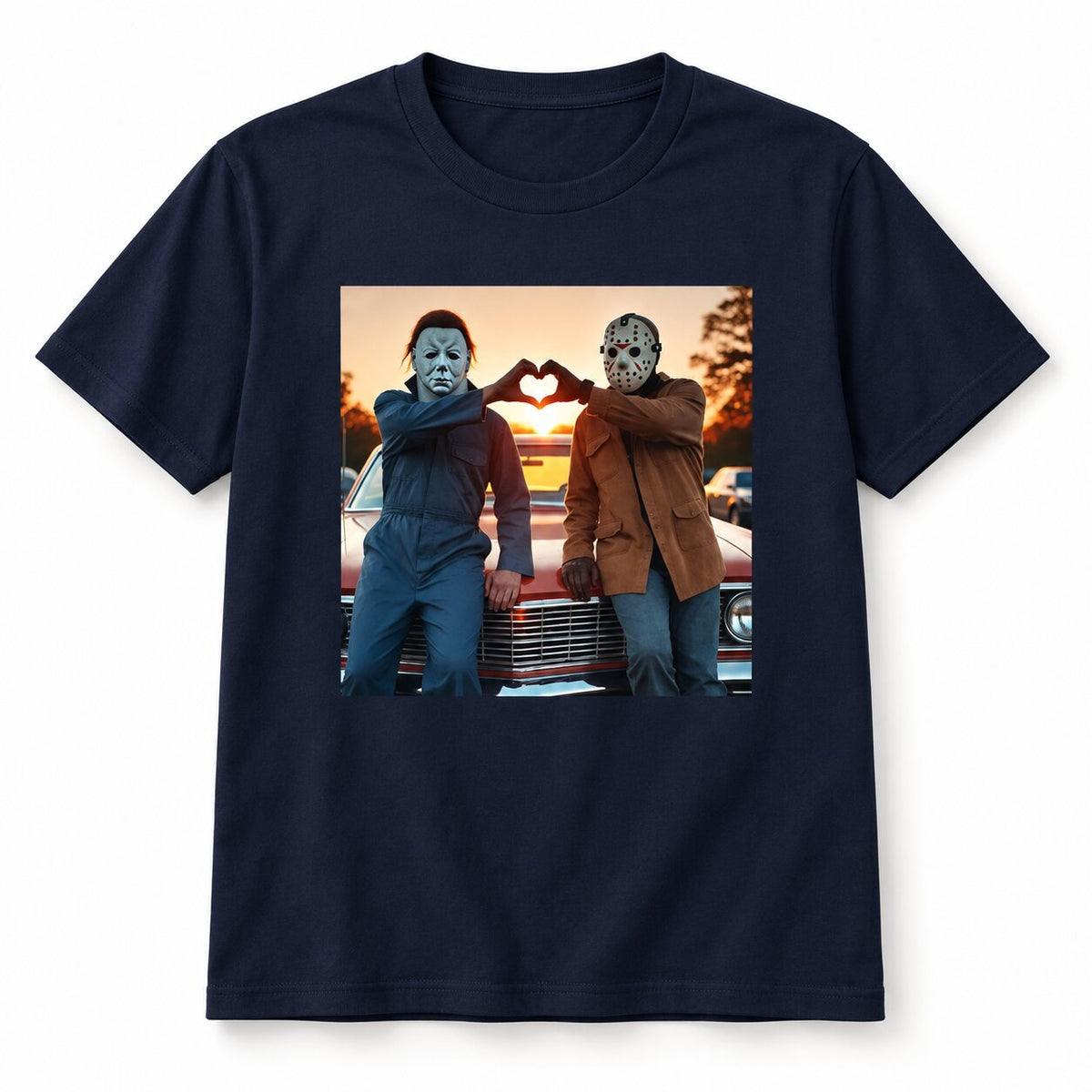 Michael Myers & Jason Heart Hands Graphic T-Shirt, Sweatshirt & Hoodie – Funny Halloween Horror Movie Shirt
