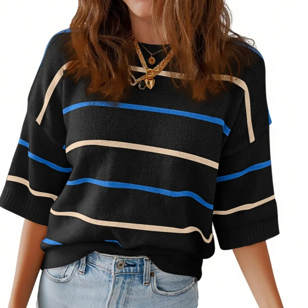 Women's Striped Knit Short Sleeve Sweater – Casual Loose Fit Crew Neck Pullover Top, Lightweight Everyday Wear