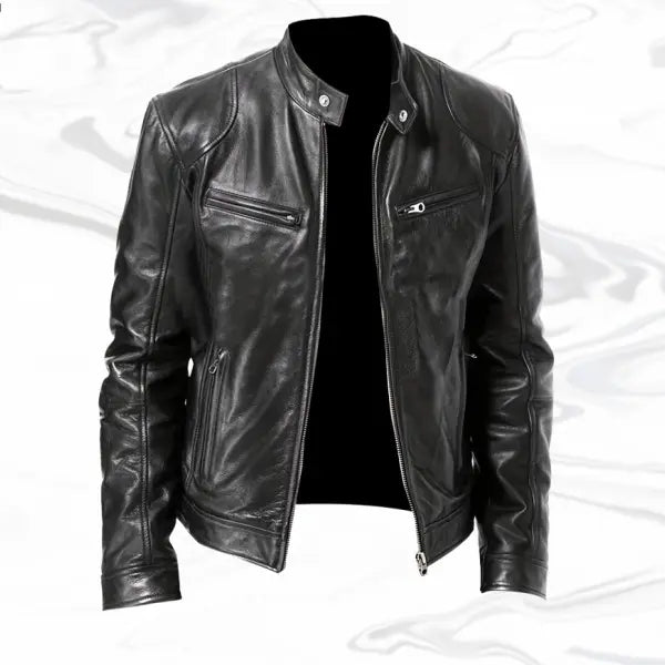 Men’s Faux Leather Biker Jacket – Stand Collar Slim Fit Moto Jacket with Zip Pockets, Casual Streetwear