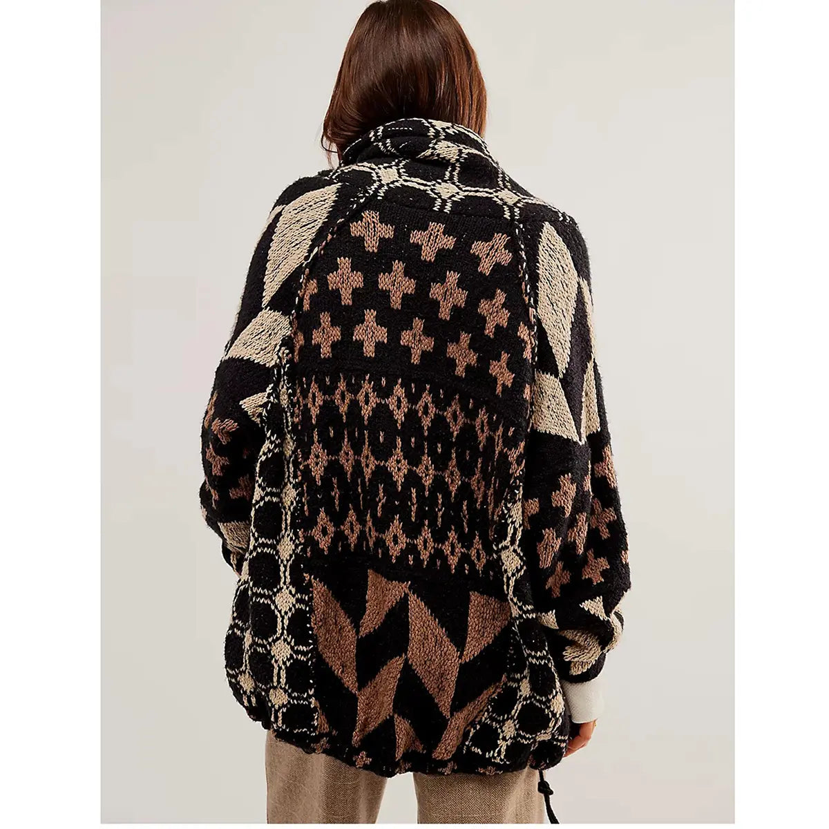Unisex Oversized Patterned Knit Cardigan – Vintage Boho Button-Front Sweater, Relaxed Long Sleeve Casual Fall Streetwear