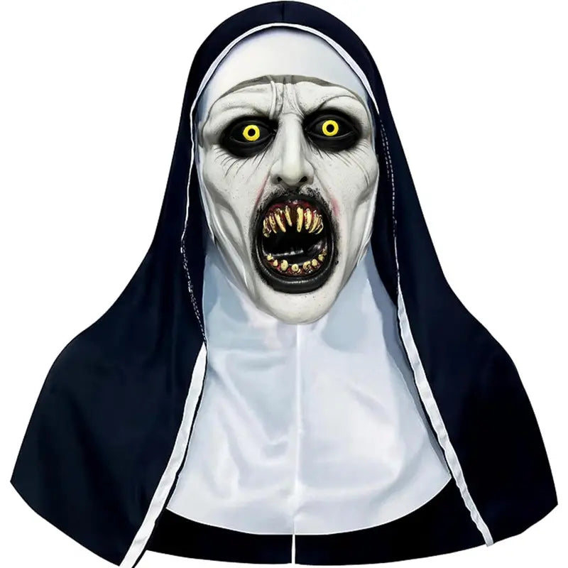 Scary Nun Halloween Mask – Creepy Full Head Horror Mask with Yellow Eyes & Fangs, Halloween Costume & Cosplay