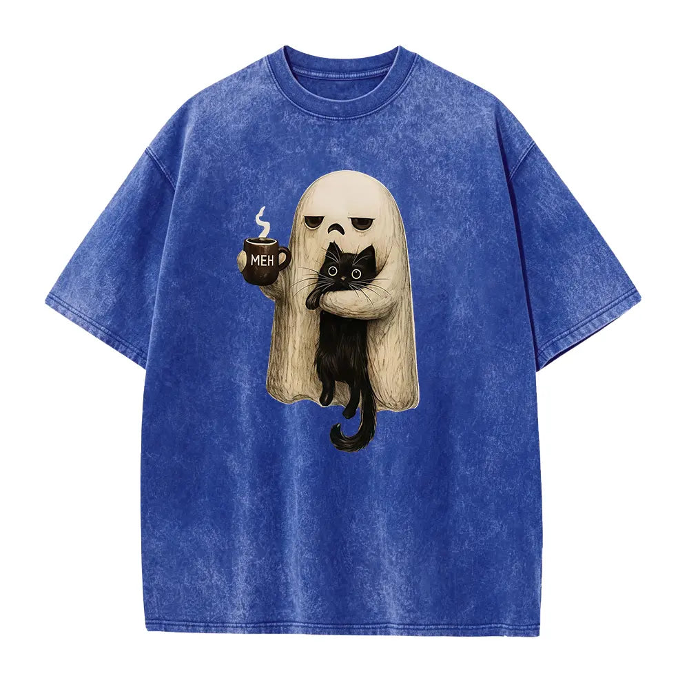 Meh Ghost & Black Cat T-Shirt, Sweatshirt & Hoodie – Funny Halloween Coffee Graphic, Spooky Cat Lover Design, Sarcastic Cute Halloween Gift