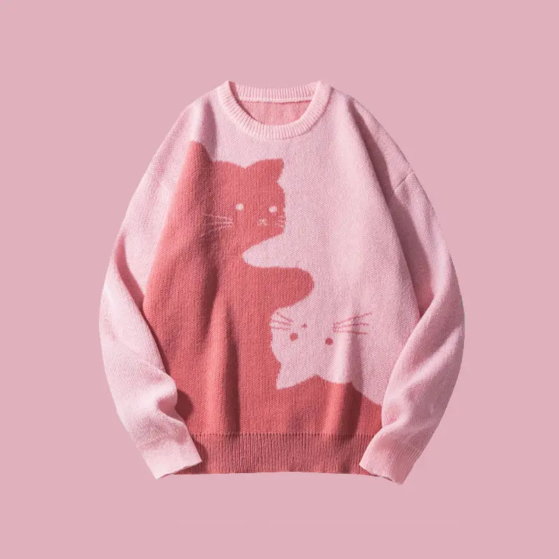 Funny Cat Graphic Knit Sweater – Oversized Crew Neck Pullover, Cute Black & White Cat Pattern Long Sleeve Knitwear, Casual Cozy Fall Winter Streetwear