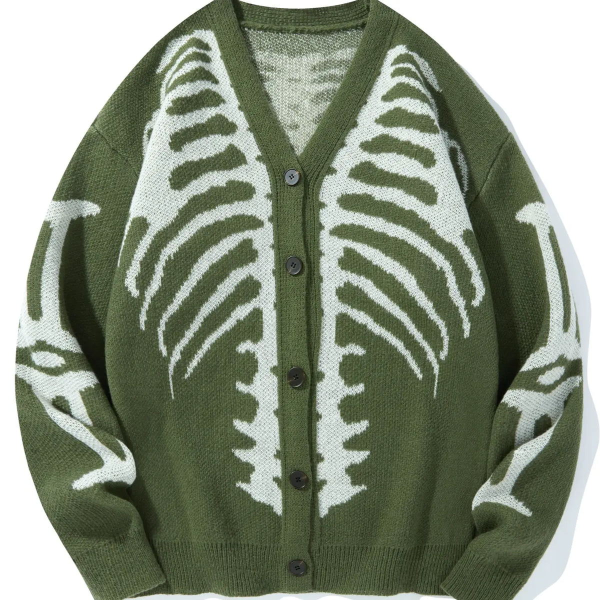 Men’s Skeleton Rib Cage Knit Cardigan – Gothic V-Neck Button-Up Sweater, Oversized Halloween Streetwear