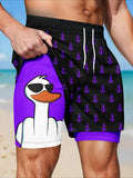 Men's 2-in-1 Funny Duck Swim Shorts – Quick Dry Beach Trunks with Anchor Print, Drawstring Waist for Summer Vacation
