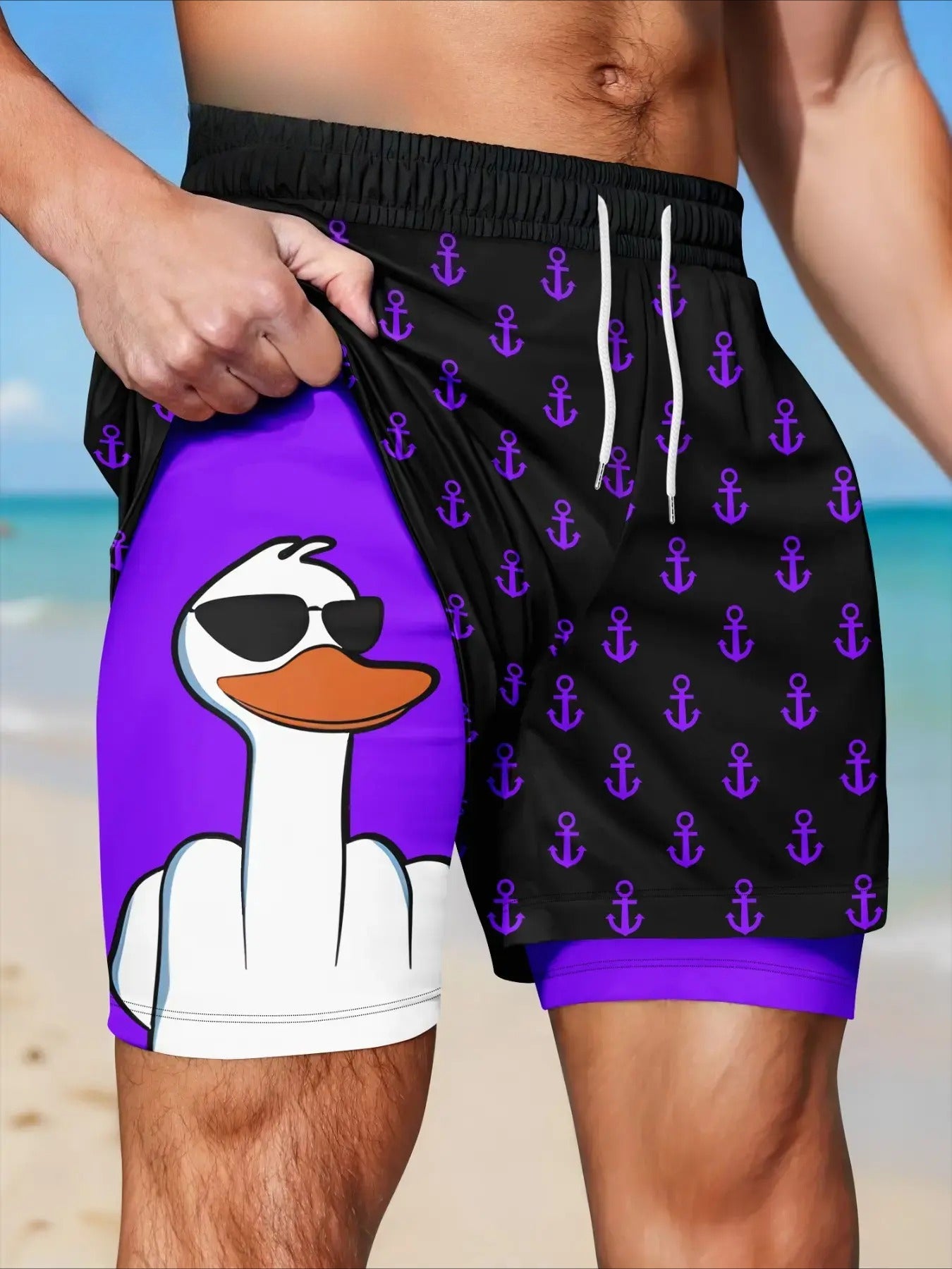 Men's 2-in-1 Funny Duck Swim Shorts – Quick Dry Beach Trunks with Anchor Print, Drawstring Waist for Summer Vacation