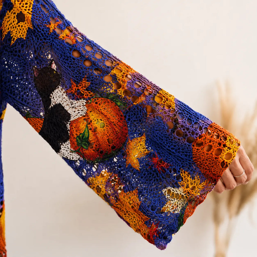 Halloween Pumpkin Bat Open Knit Sweater – Oversized Crochet Pullover with Spider Web Details, Spooky Fall Casual Knit Top