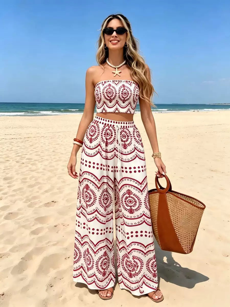 Women's Mediterranean Blue Porcelain Print Two Piece Set – Boho Tube Top & Wide Leg Pants, Vacation Resort Outfit