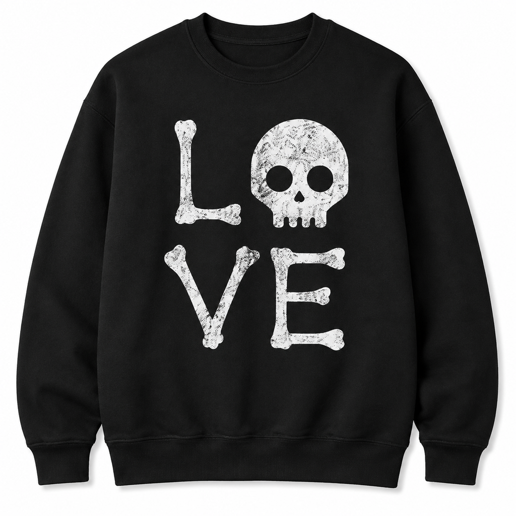 LOVE Skull Graphic T-Shirt,  Sweatshirt & Hoodie – Cute Skeleton Bones Halloween Print, Vintage Gothic Spooky Season Apparel