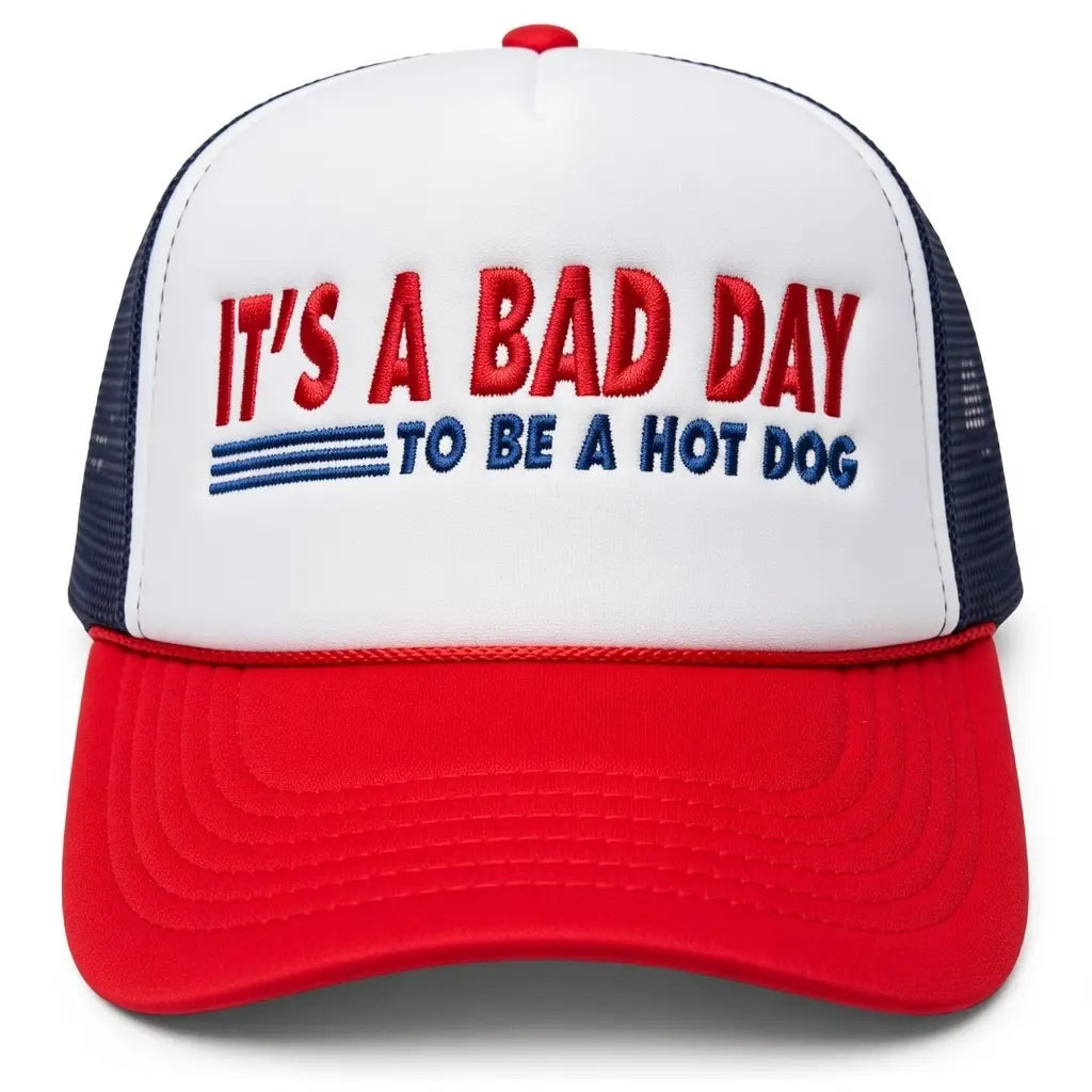 It's a Bad Day to Be a Hot Dog Embroidered Trucker Hat – Funny Meme Foam Snapback Cap, Retro Summer Statement Hat