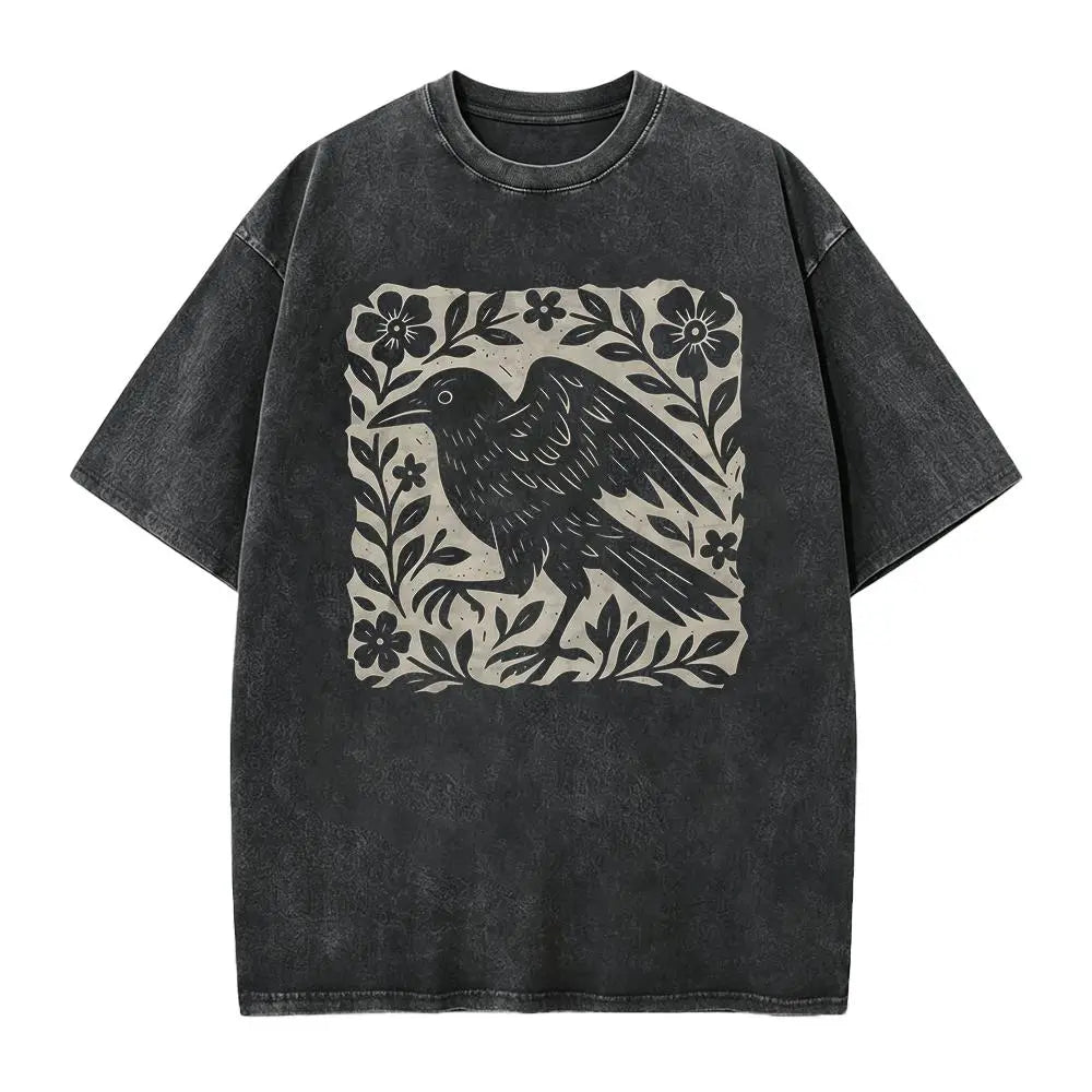 Gothic Raven Floral T-Shirt, Sweatshirt & Hoodie – Vintage Linocut Crow Graphic, Dark Academia Witchy Style
