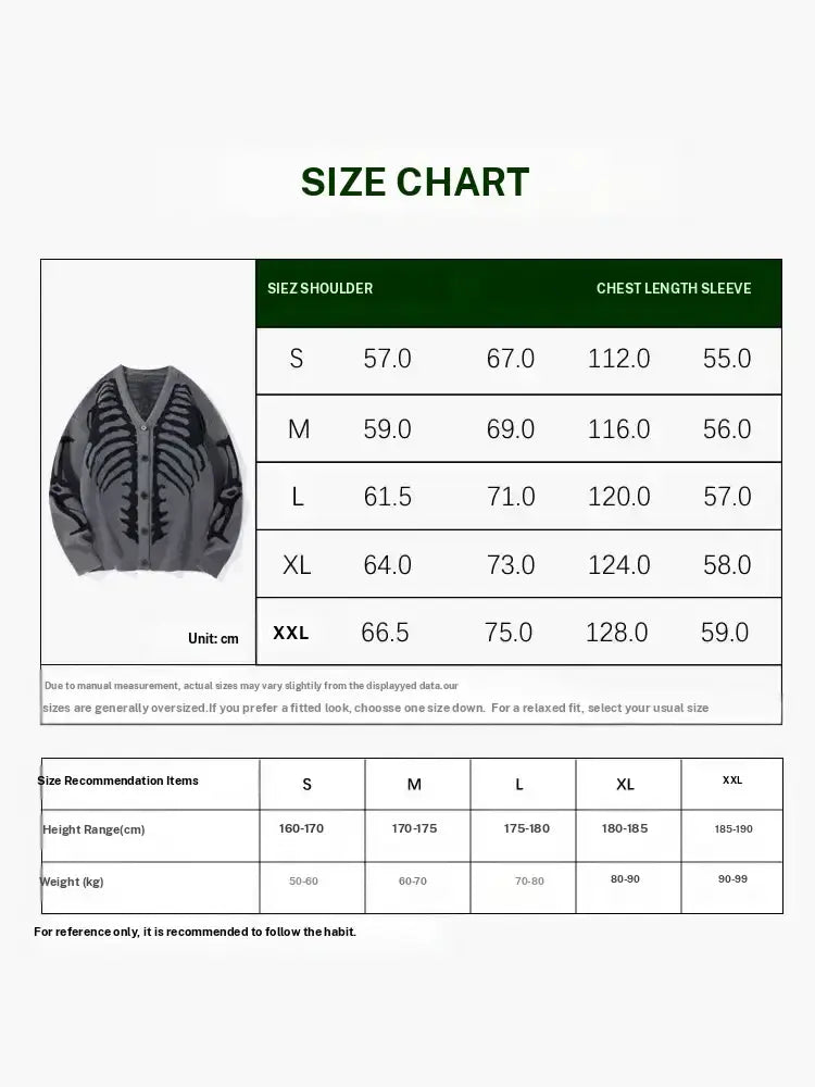 Men’s Skeleton Rib Cage Knit Cardigan – Gothic V-Neck Button-Up Sweater, Oversized Halloween Streetwear