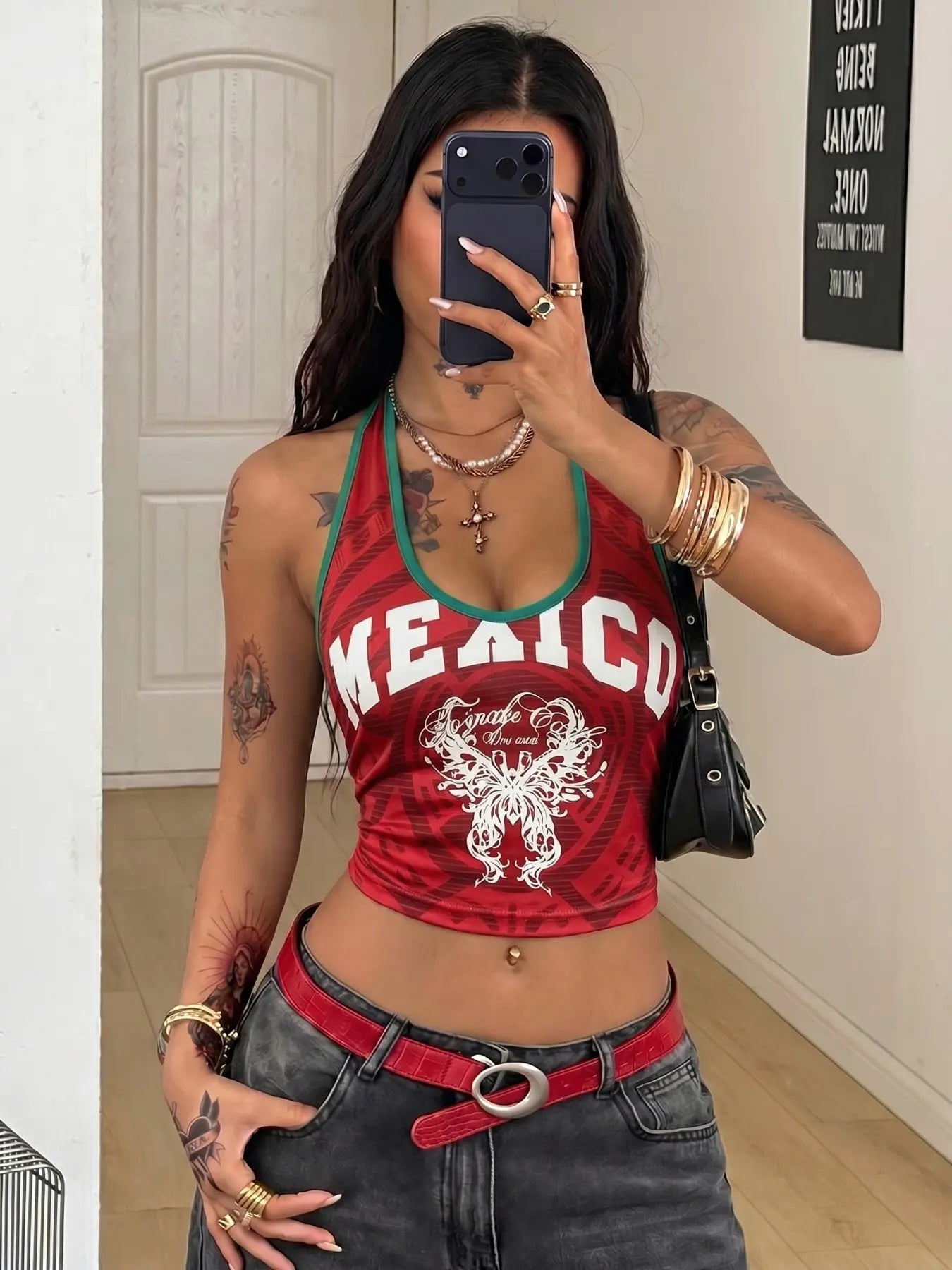 Mexico Butterfly Halter Crop Top – Y2K Mexican Pride Graphic Tank, Retro Slim Fit Summer Streetwear