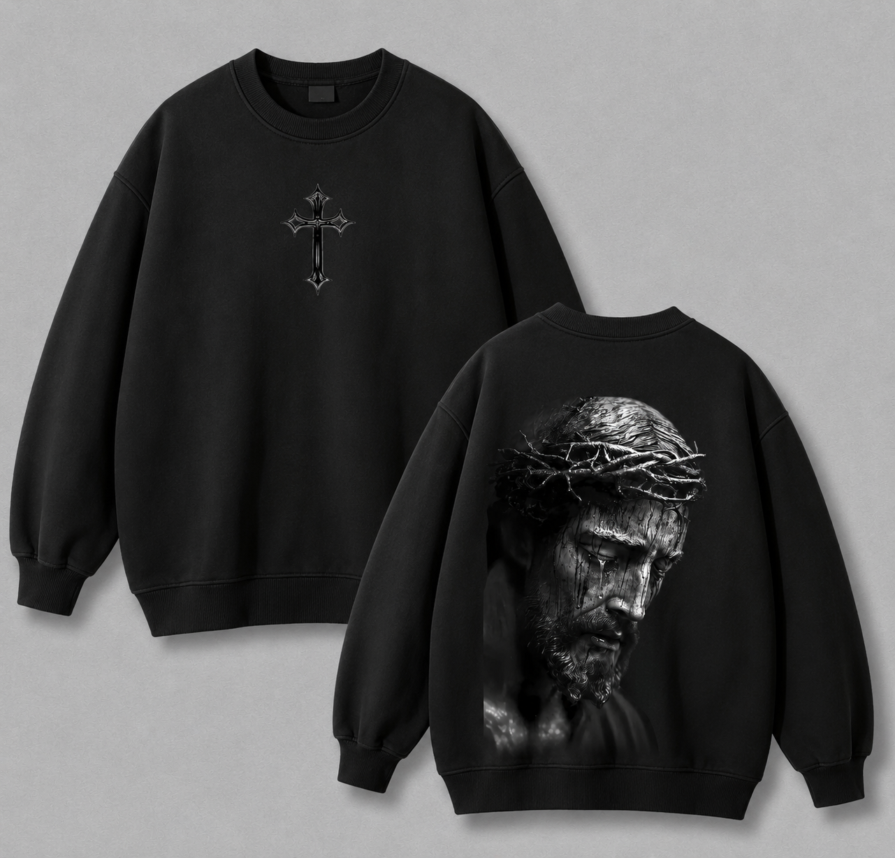 Jesus Christ Crown of Thorns Graphic T-Shirt, Sweatshirt & Hoodie – Cross Christian Faith Print, Vintage Religious Streetwear Apparel