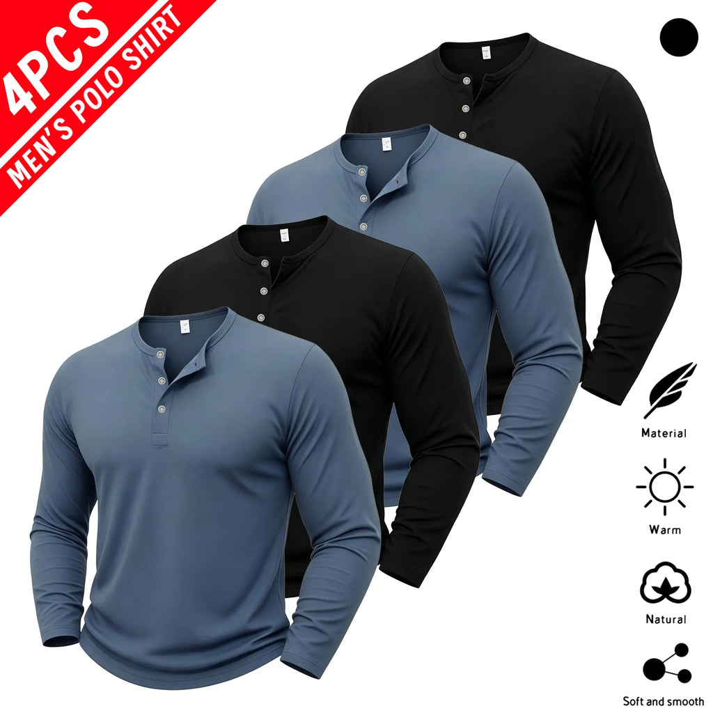 4-Pack Men’s Long Sleeve Henley Shirts – Classic Button Neck Casual Tops, Soft Comfortable Everyday Basic Shirts