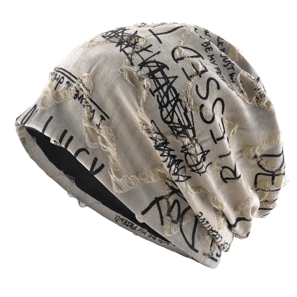Vintage Graffiti Print Slouchy Beanie – Streetwear Graphic Skull Cap, Soft Stretch Knit Hat for Men & Women