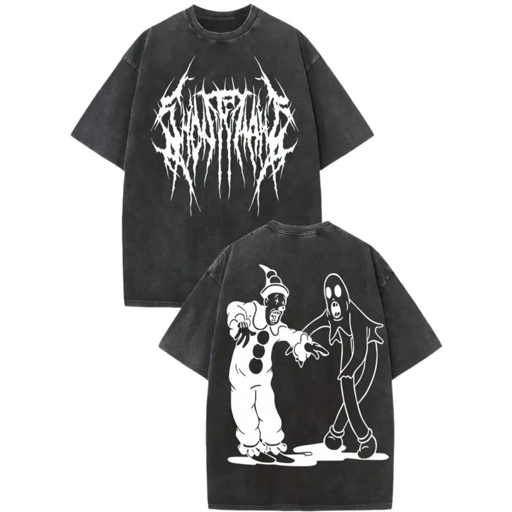 Vintage Clown & Ghost Halloween Graphic T-Shirt, Sweatshirt & Hoodie – Spooky Cartoon Front & Back Print