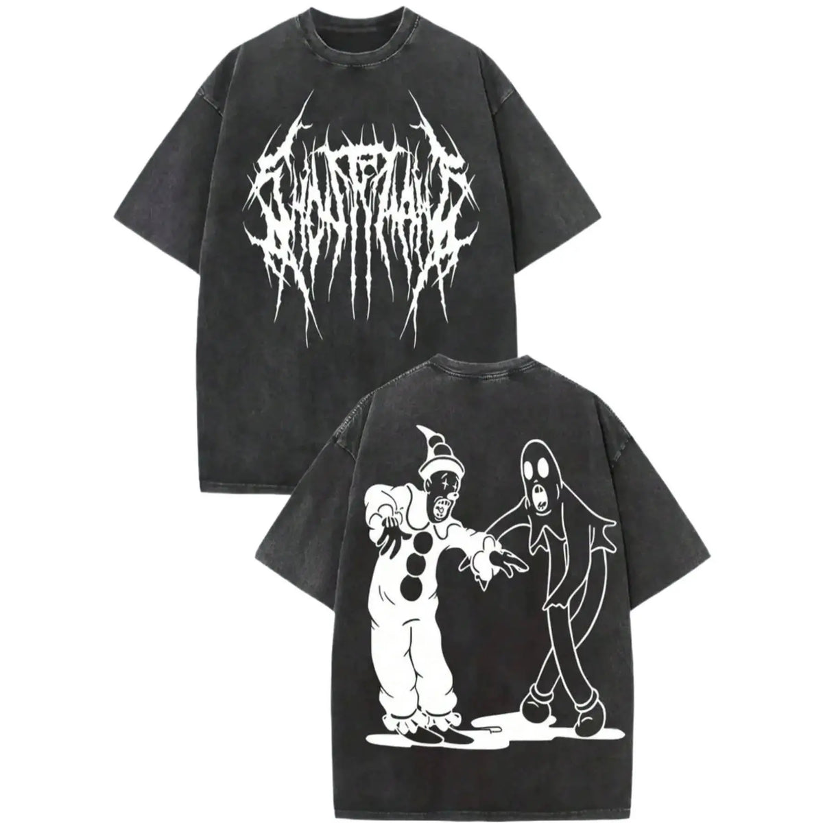 Vintage Clown & Ghost Halloween Graphic T-Shirt, Sweatshirt & Hoodie – Spooky Cartoon Front & Back Print