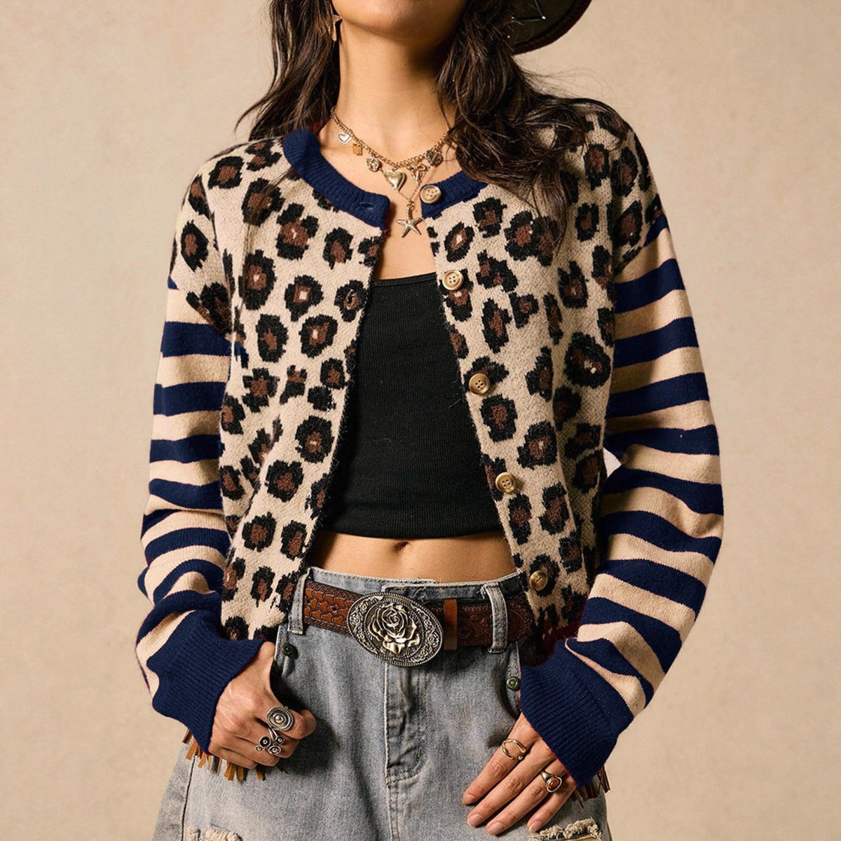 Women's Leopard Print Striped Knit Cardigan – Retro Western Button Front Long Sleeve Sweater