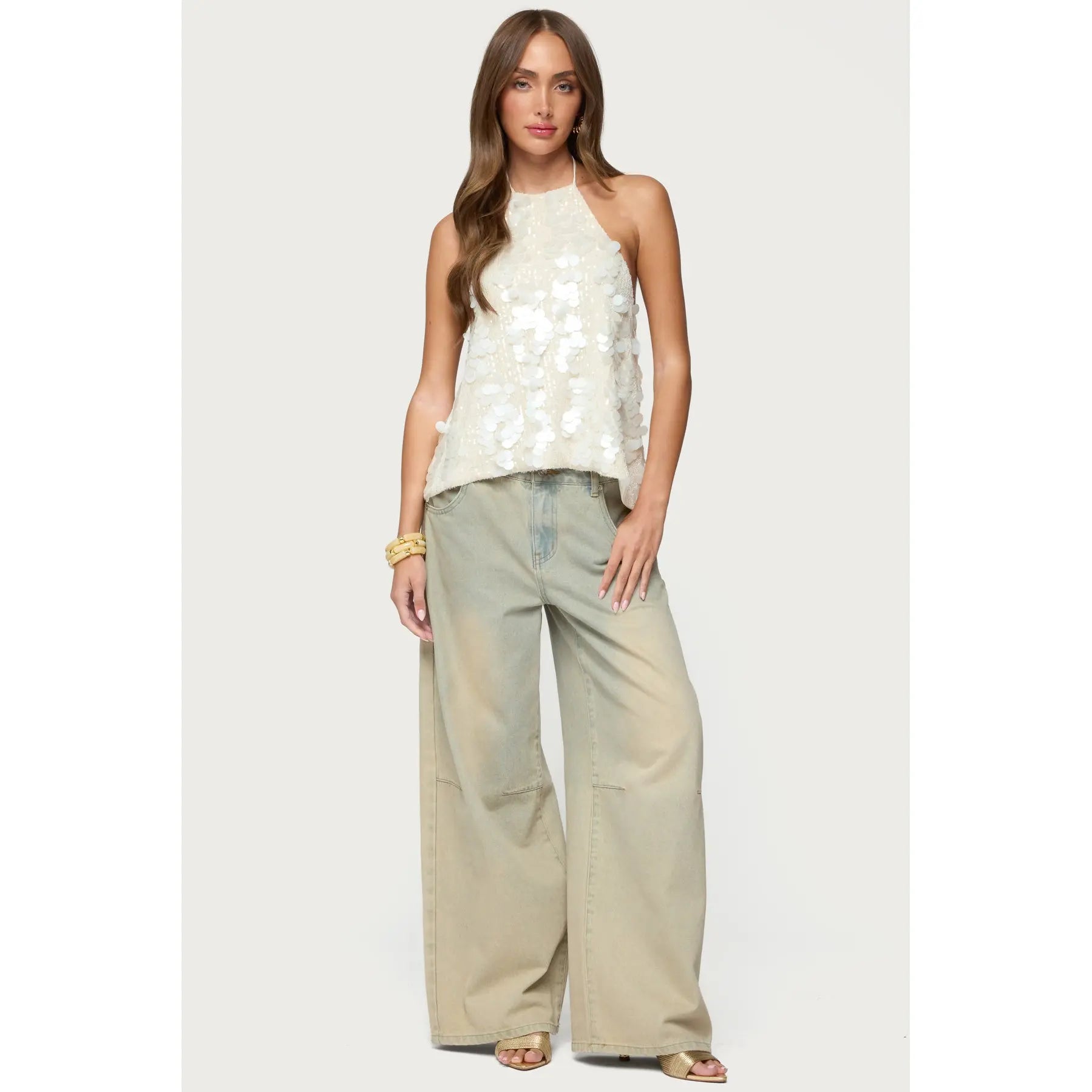 Women's Sequin Halter Top – Backless Sleeveless Party Tank, Elegant Summer Going Out Blouse