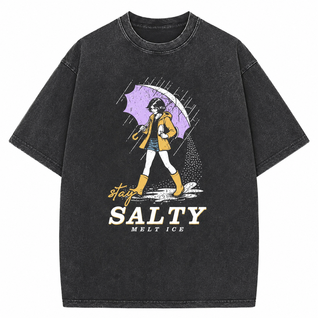 Cute Little Girl with Umbrella Vintage Acid Wash Graphic Tee, Crew Neck Short Sleeve, Soft and Lightweight Cotton, Casual Cotton Unisex, Fashion Tops for Everyday Outfits