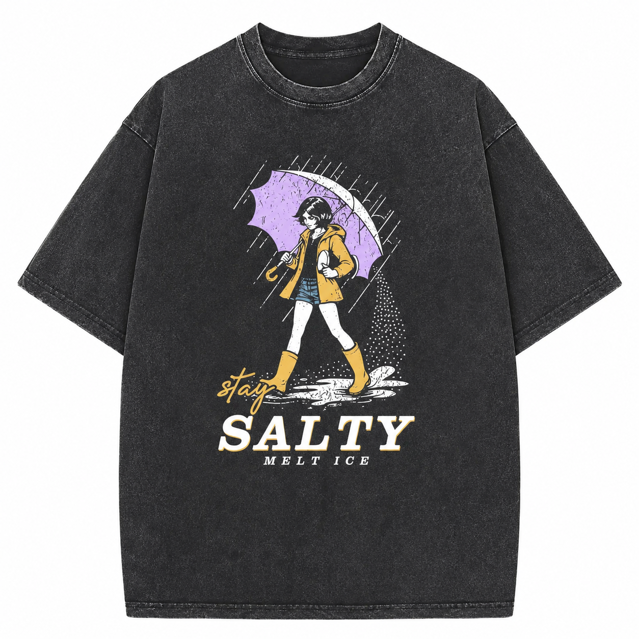 Cute Little Girl with Umbrella Vintage Acid Wash Graphic Tee, Crew Neck Short Sleeve, Soft and Lightweight Cotton, Casual Cotton Unisex, Fashion Tops for Everyday Outfits