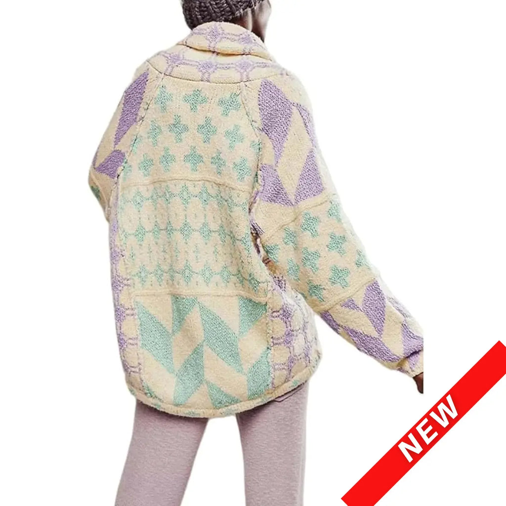 Unisex Oversized Patterned Knit Cardigan – Vintage Boho Button-Front Sweater, Relaxed Long Sleeve Casual Fall Streetwear