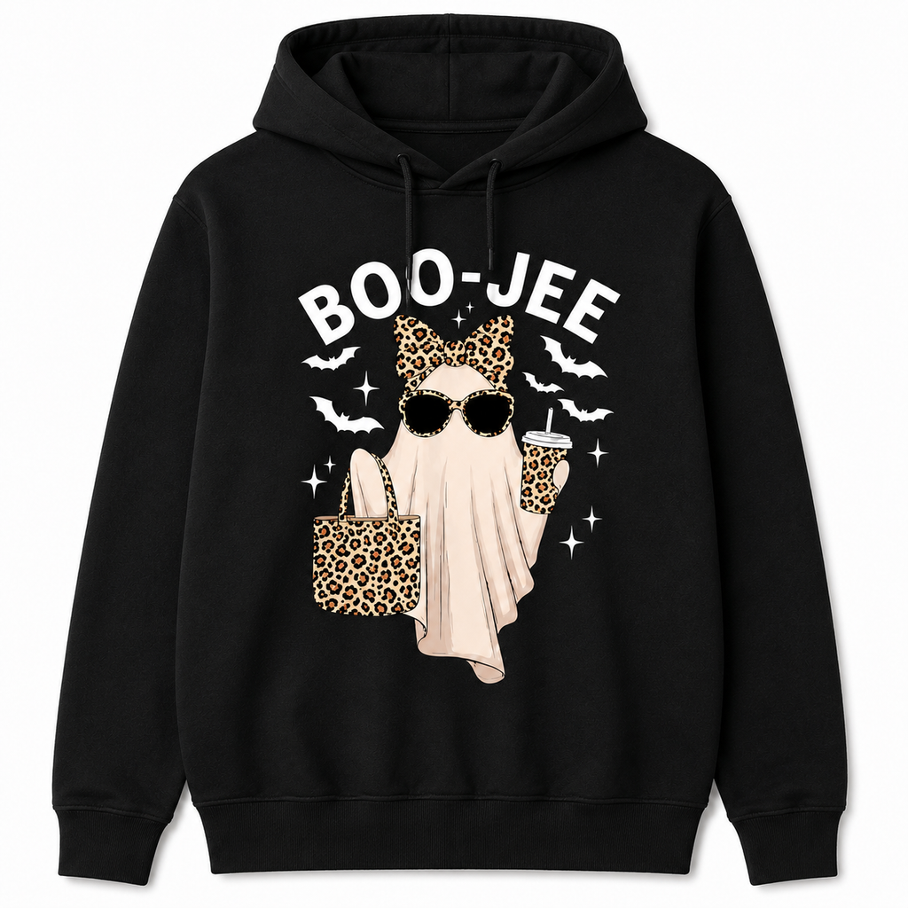 Boo-Jee Ghost Graphic T-Shirt, Sweatshirt & Hoodie – Leopard Print Halloween Ghost, Funny Coffee Spooky Season Apparel