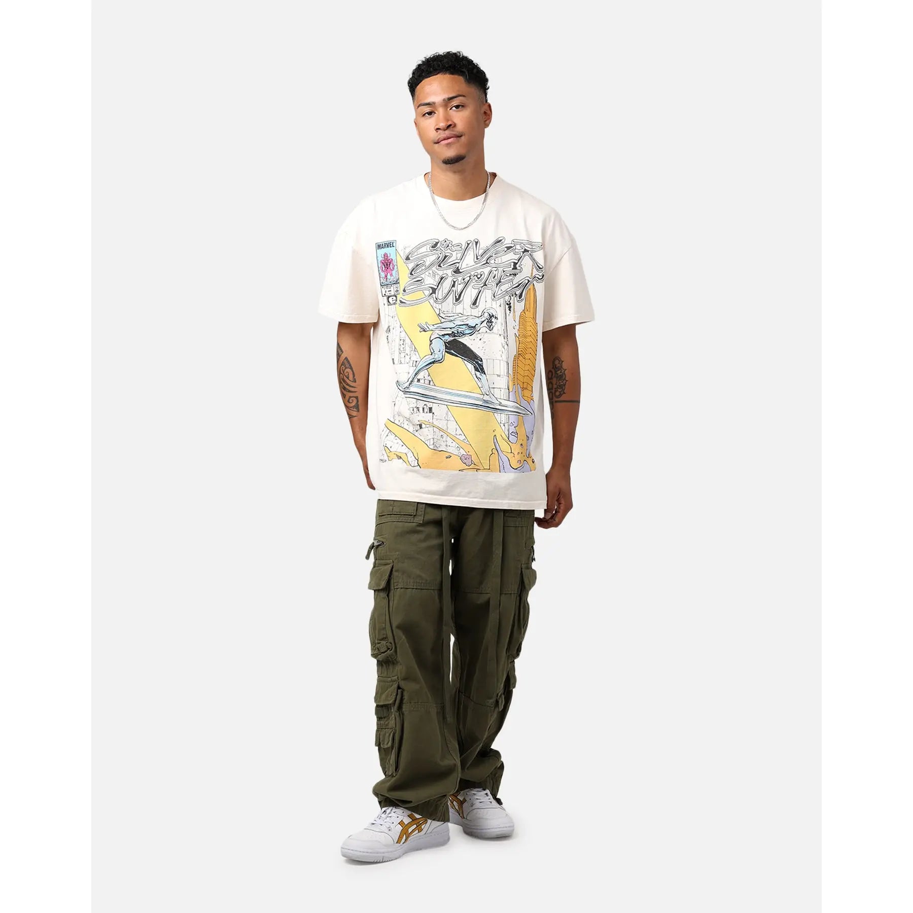 Marvel Silver Surfer Graphic T-Shirt – Off White Heavyweight Cotton Tee, Retro Comic Superhero Streetwear, Oversized Casual Fit