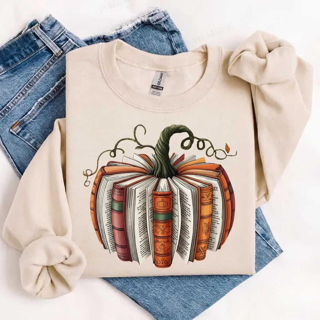 Book Pumpkin T-Shirt, Sweatshirt & Hoodie – Cozy Fall Book Lover Graphic, Autumn Reading Gift