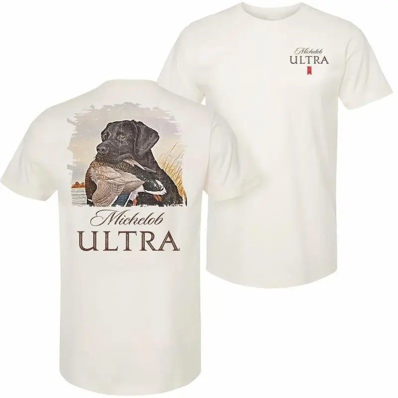 Mallard Duck & Hunting Dog Graphic T-Shirt – Vintage 2-Sided Print Cotton Tee for Outdoor & Beer Lovers, Unisex Casual Streetwear