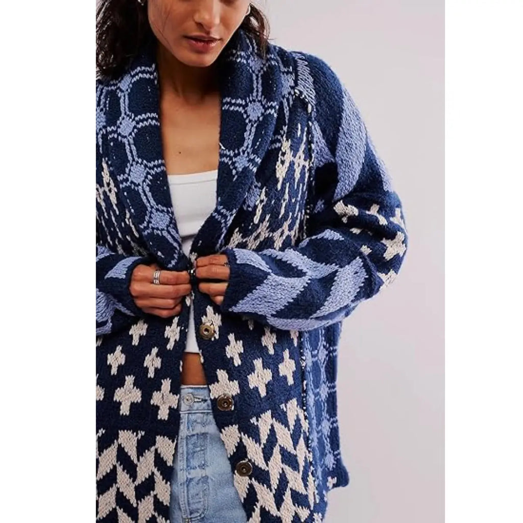 Unisex Oversized Patterned Knit Cardigan – Vintage Boho Button-Front Sweater, Relaxed Long Sleeve Casual Fall Streetwear