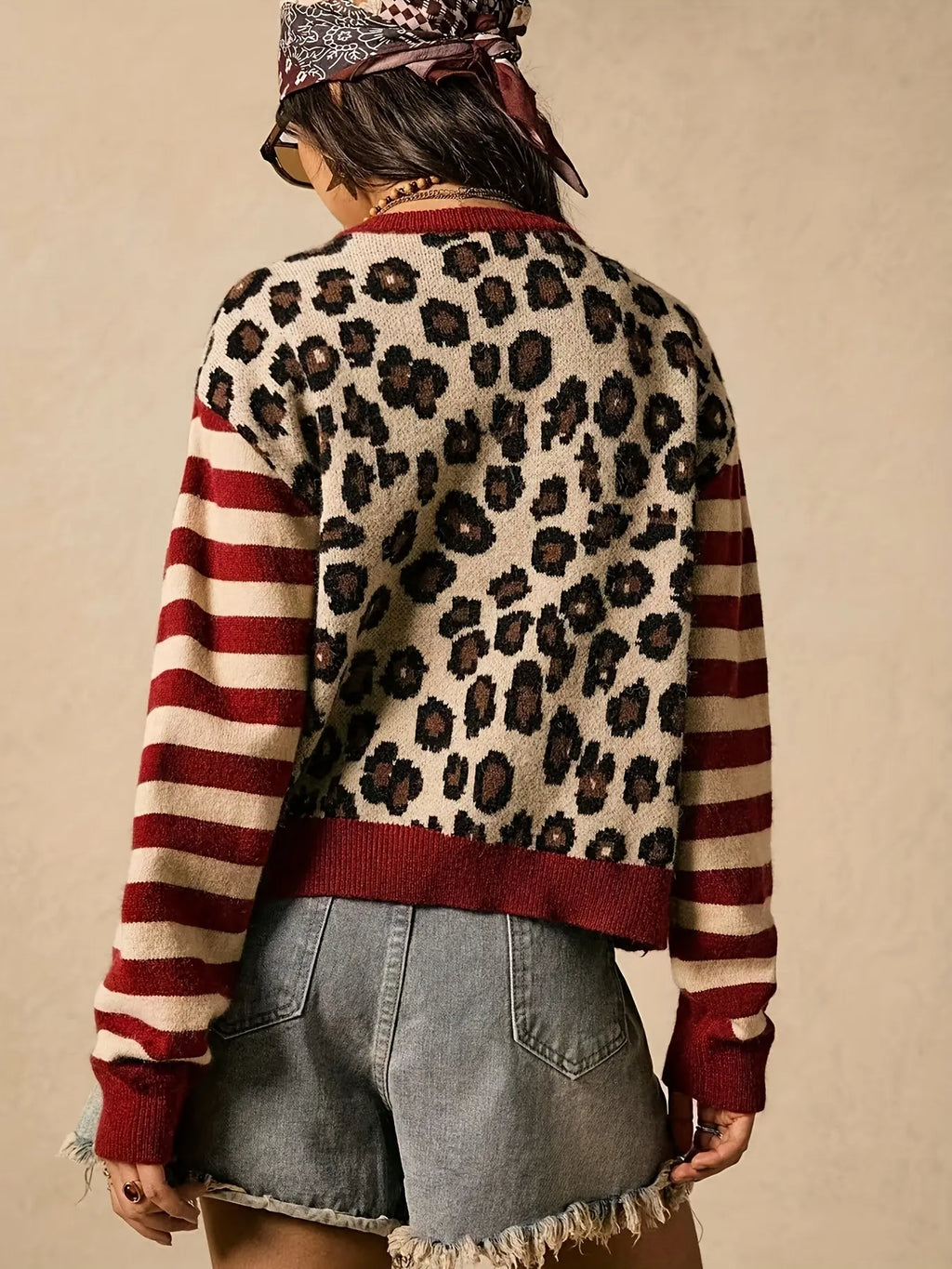 Women's Leopard Print Striped Knit Cardigan – Retro Western Button Front Long Sleeve Sweater
