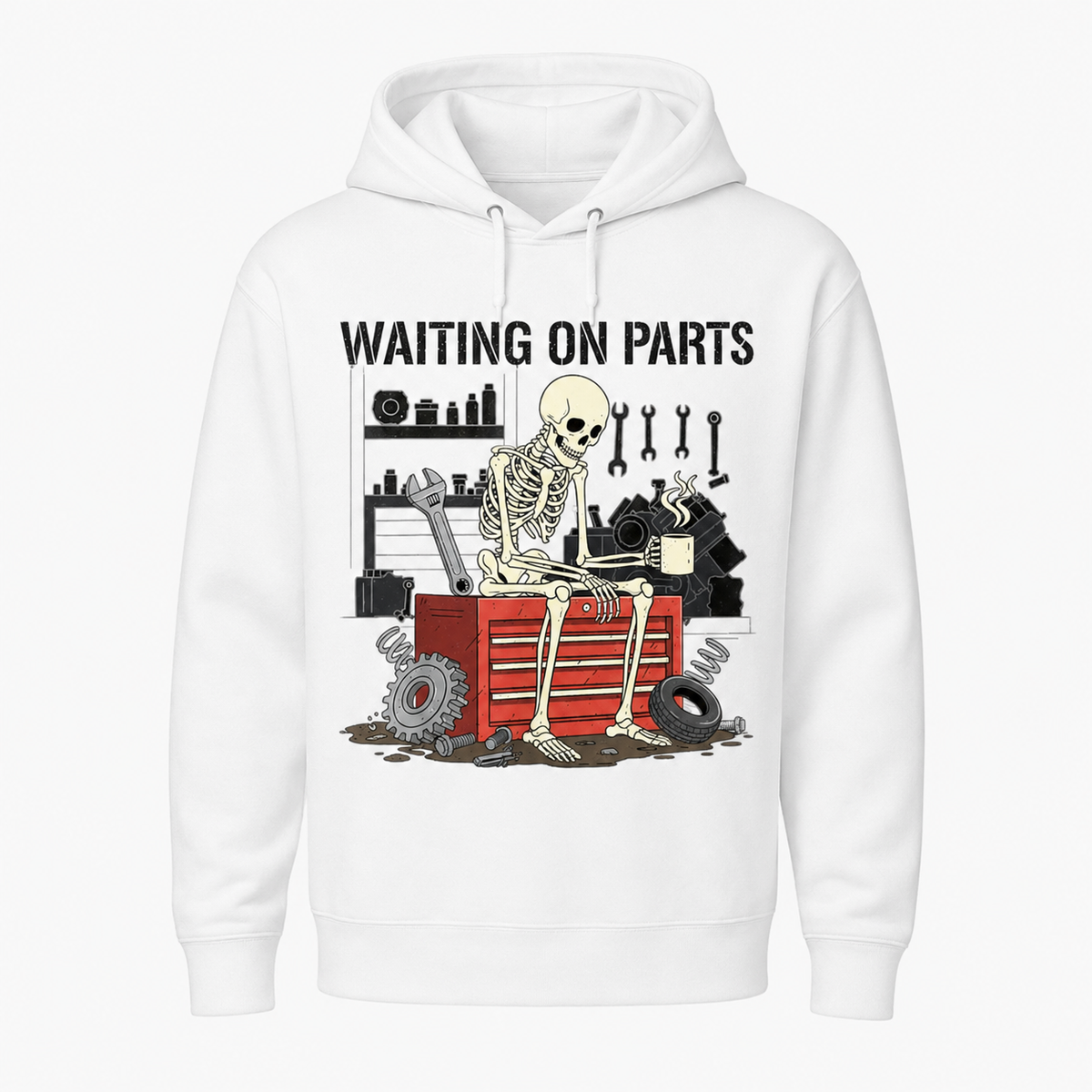Waiting on Parts Mechanic Graphic T-Shirt, Sweatshirt & Hoodie – Funny Skeleton Auto Repair Print, Garage Mechanic Gift Apparel