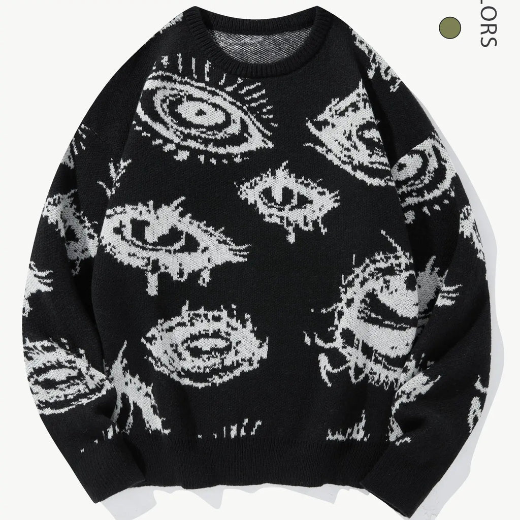 Men’s All-Over Eye Graphic Knit Sweater – Gothic Y2K Crew Neck Pullover, Oversized Streetwear Sweater for Fall & Winter