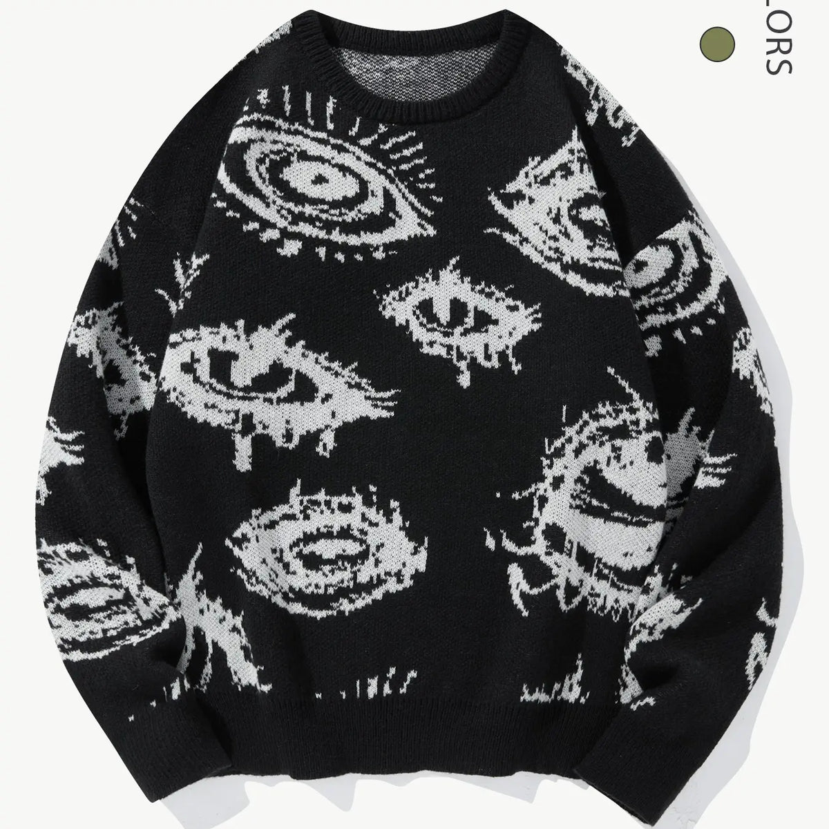 Men’s All-Over Eye Graphic Knit Sweater – Gothic Y2K Crew Neck Pullover, Oversized Streetwear Sweater for Fall & Winter