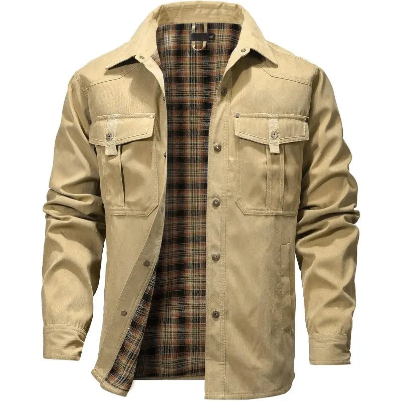 Men’s Plaid Lined Shirt Jacket – Western Workwear Button-Up Shacket with Utility Pockets, Casual Outdoor Jacket