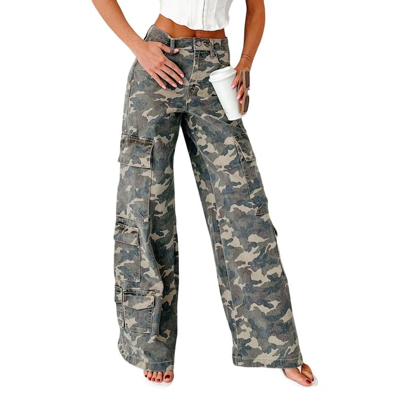 Women’s Y2K Camo Wide Leg Cargo Jeans – Multi-Pocket Denim Pants, Casual Streetwear Utility Jeans